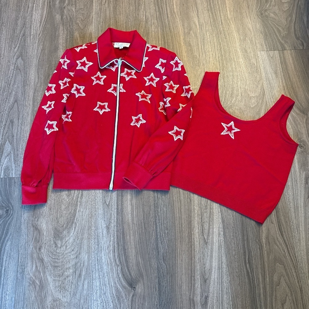 VNTG St. John Red, wt & blue Knit Jacket & Tank star print twin Set. medium